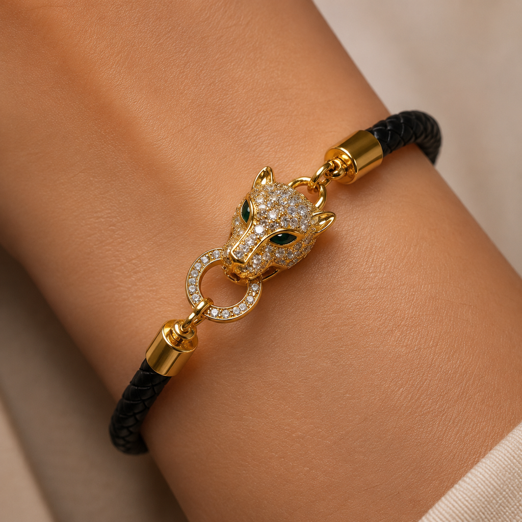 Geflochtenes Armband mit Pantherkopf-Motiv
