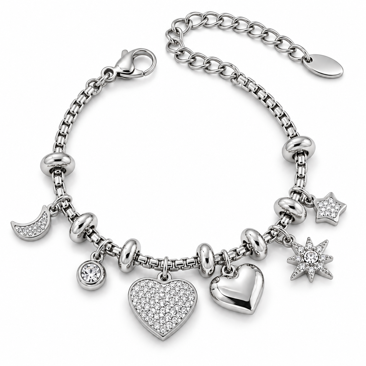 Bettelarmband mit Herz- und Sternanhängern