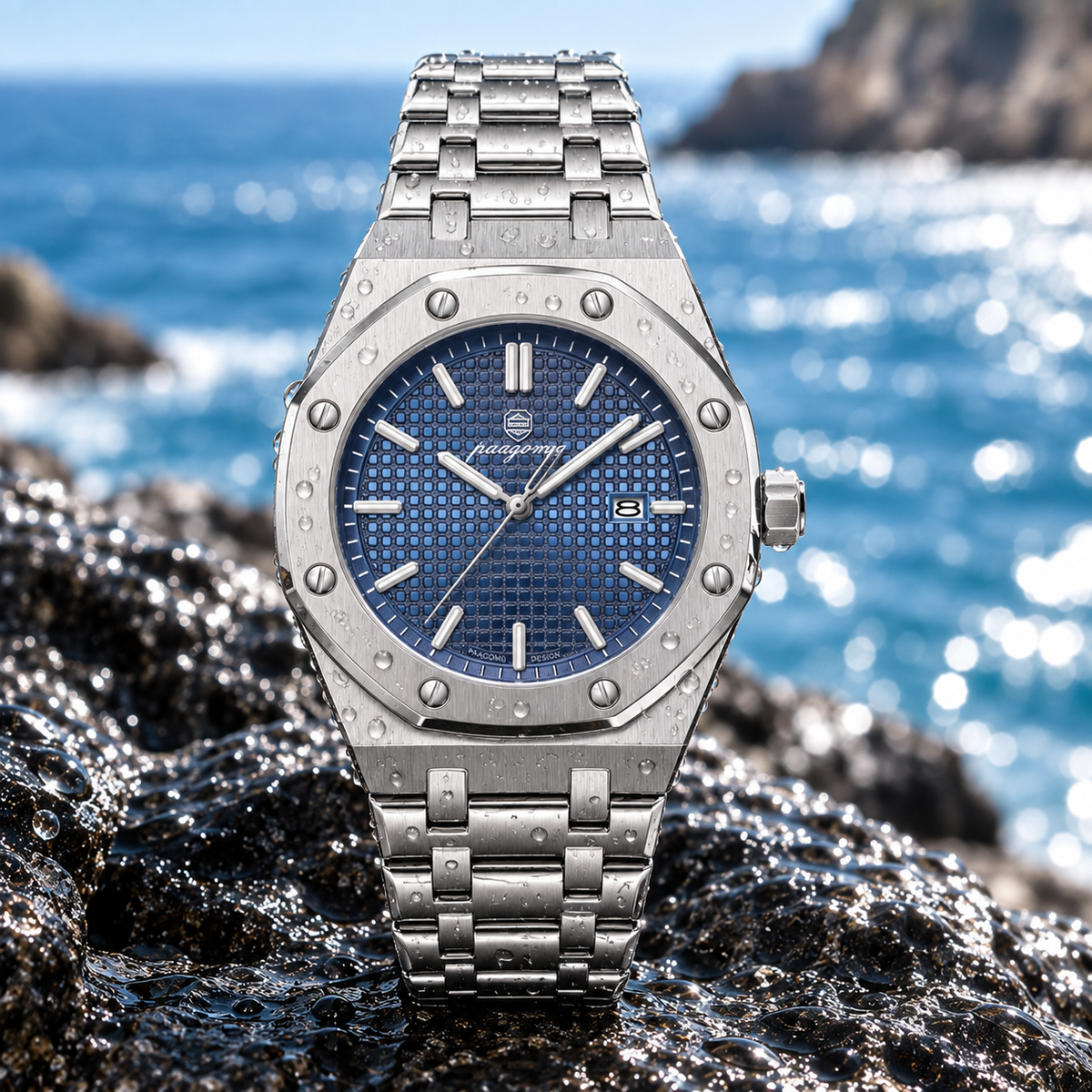 Analoge Herren-Armbanduhr mit achteckiger Lünette